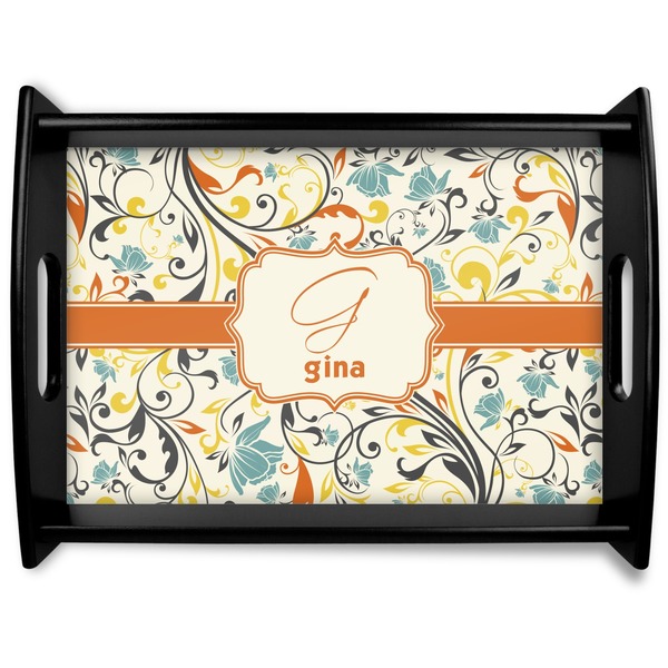 Custom Swirly Floral Black Wooden Tray - Large (Personalized)