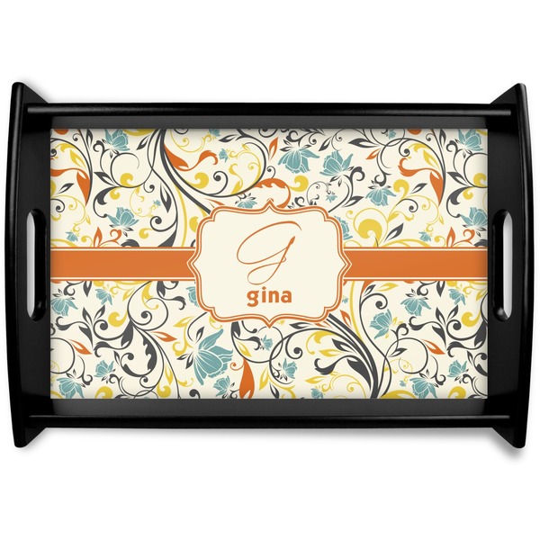 Custom Swirly Floral Black Wooden Tray - Small (Personalized)