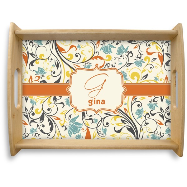 Custom Swirly Floral Natural Wooden Tray - Large (Personalized)