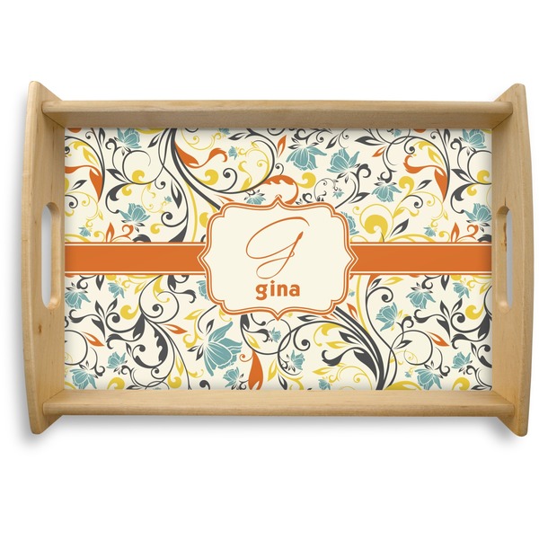 Custom Swirly Floral Natural Wooden Tray - Small (Personalized)