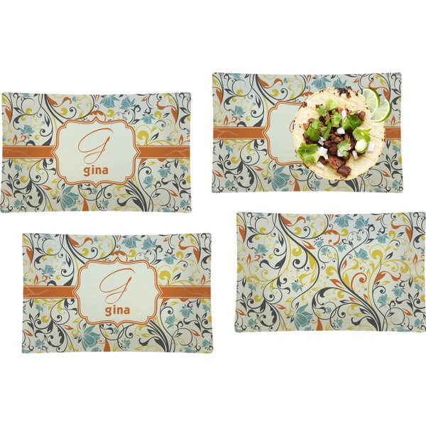 Custom Swirly Floral Set of 4 Glass Rectangular Lunch / Dinner Plate (Personalized)