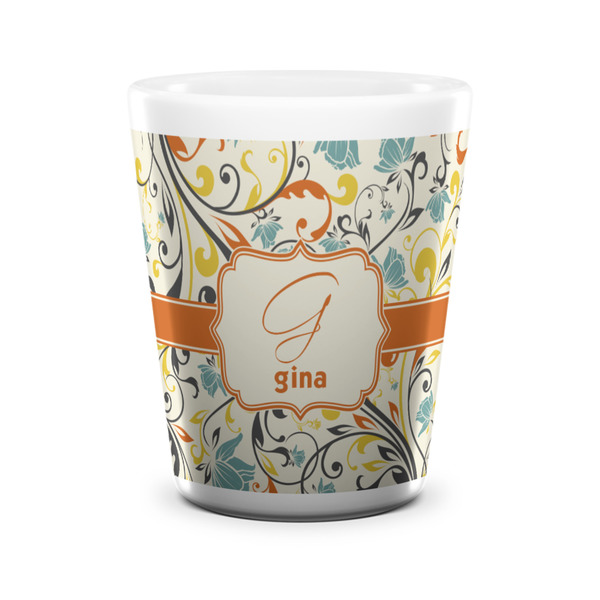 Custom Swirly Floral Ceramic Shot Glass - 1.5 oz - White - Set of 4 (Personalized)