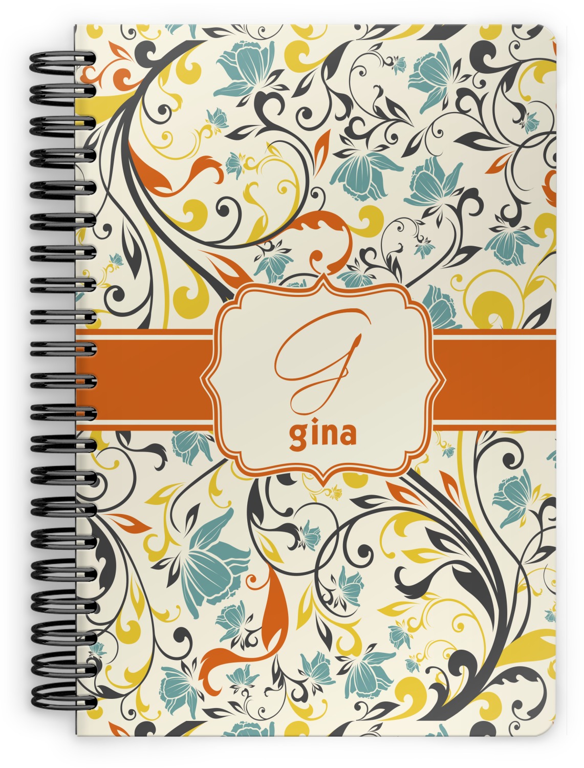 Swirly Floral Spiral Notebook 7x10 w/ Name and Initial YouCustomizeIt