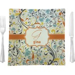 Swirly Floral 9.5" Glass Square Lunch / Dinner Plate- Single or Set of 4 (Personalized)