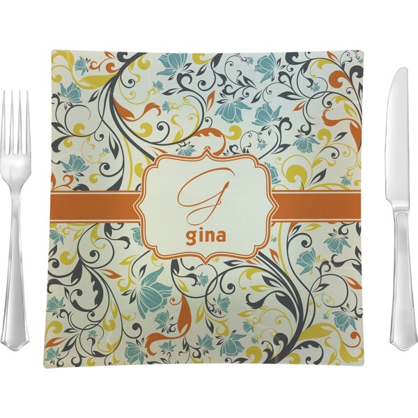 Custom Swirly Floral 9.5" Glass Square Lunch / Dinner Plate- Single or Set of 4 (Personalized)