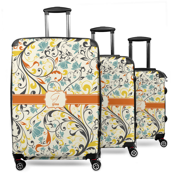Custom Swirly Floral 3 Piece Luggage Set - 20" Carry On, 24" Medium Checked, 28" Large Checked (Personalized)