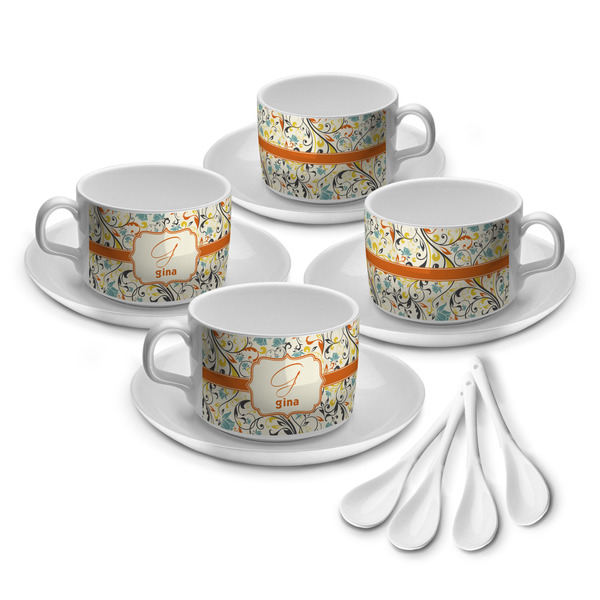 Custom Swirly Floral Tea Cup - Set of 4 (Personalized)