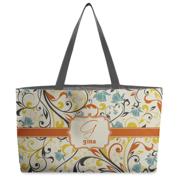 Custom Swirly Floral Beach Totes Bag - w/ Black Handles (Personalized)