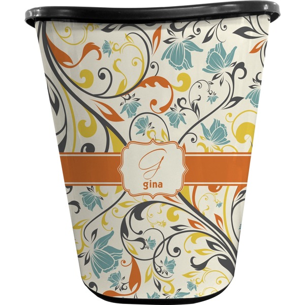 Custom Swirly Floral Waste Basket - Double Sided (Black) (Personalized)