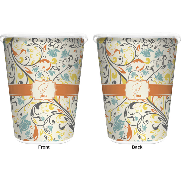 Swirly Floral Trash Can White - Front and Back - Apvl