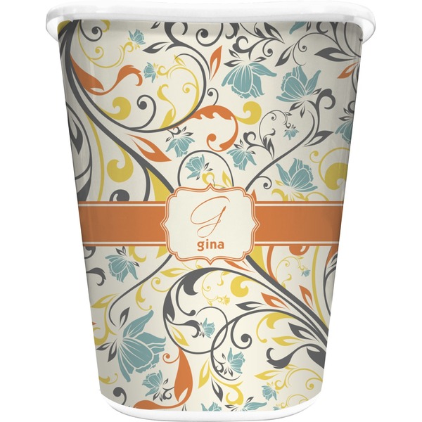Custom Swirly Floral Waste Basket - Single Sided (White) (Personalized)
