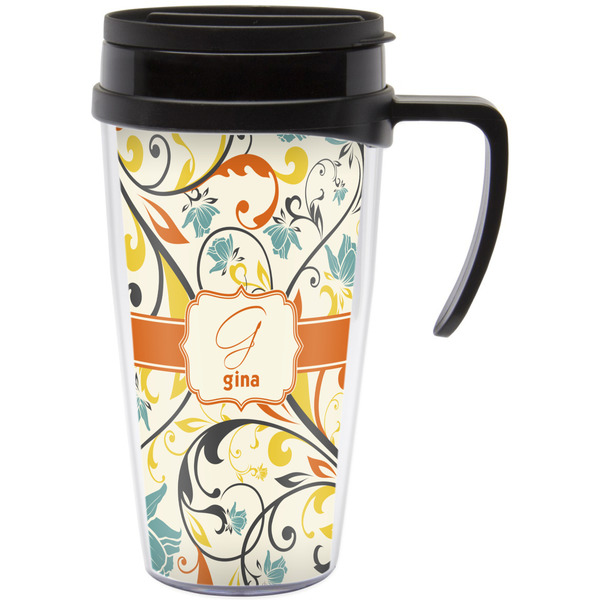 Custom Swirly Floral Acrylic Travel Mug with Handle (Personalized)