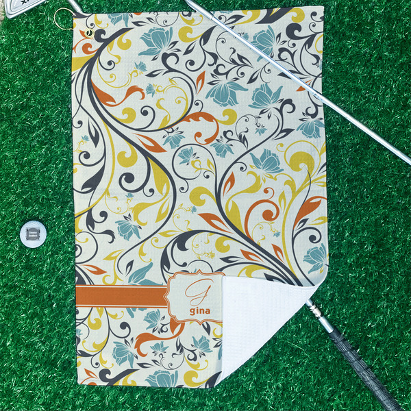 Swirly Floral Waffle Weave Golf Towel - In Context
