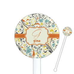 Swirly Floral 5.5" Round Plastic Stir Sticks - White - Single Sided (Personalized)
