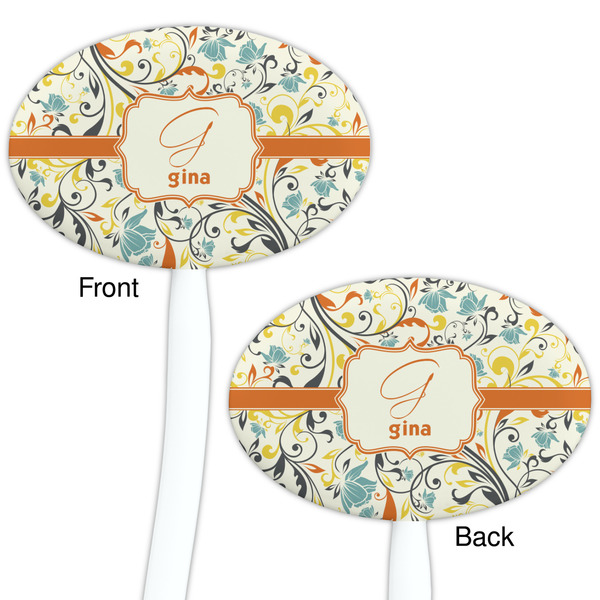 Swirly Floral White Plastic 7" Stir Stick - Double Sided - Oval - Front & Back