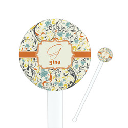 Swirly Floral 7" Round Plastic Stir Sticks - White - Single Sided (Personalized)