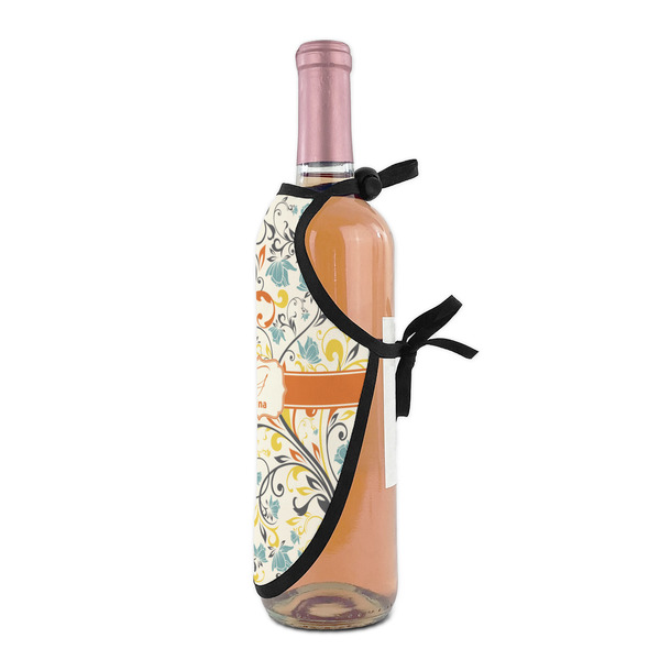 Swirly Floral Wine Bottle Apron - DETAIL WITH CLIP ON NECK