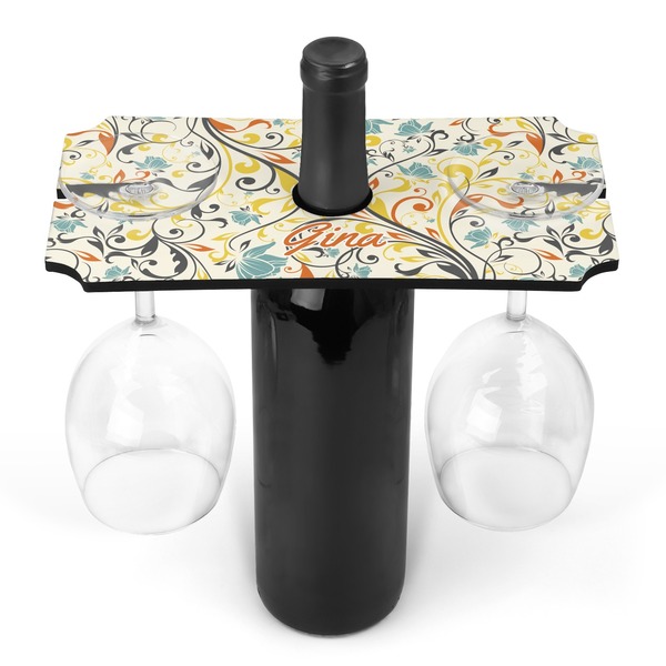Custom Swirly Floral Wine Bottle & Glass Holder (Personalized)