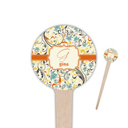 Swirly Floral 4" Round Wooden Food Picks - Single Sided (Personalized)