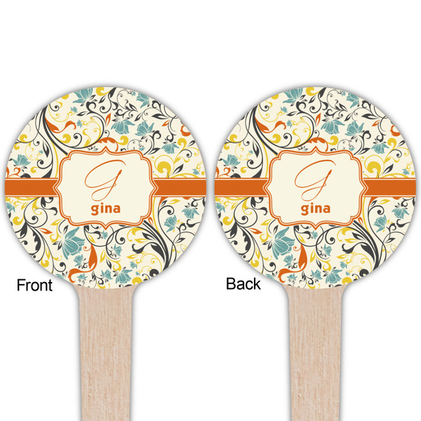 Swirly Floral Wooden 4" Food Pick - Round - Double Sided - Front & Back