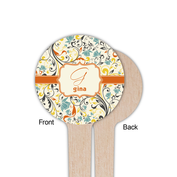 Swirly Floral Wooden 4" Food Pick - Round - Single Sided - Front & Back