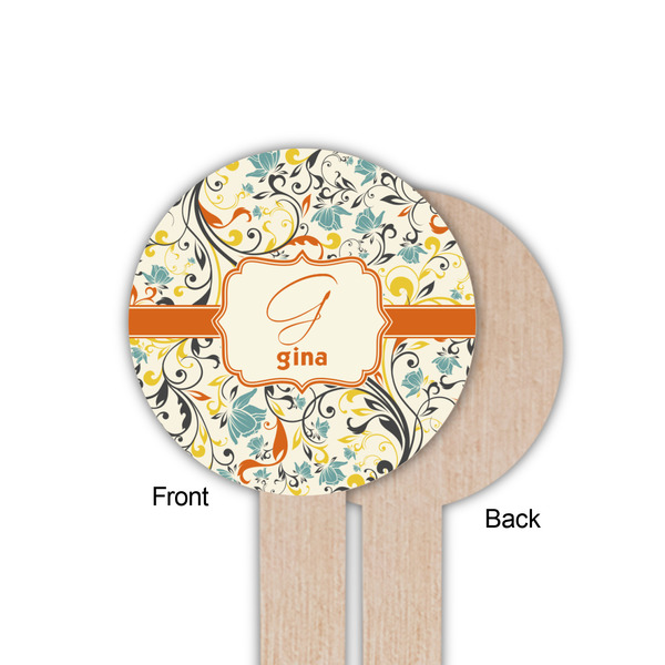 Swirly Floral Wooden 6" Food Pick - Round - Single Sided - Front & Back