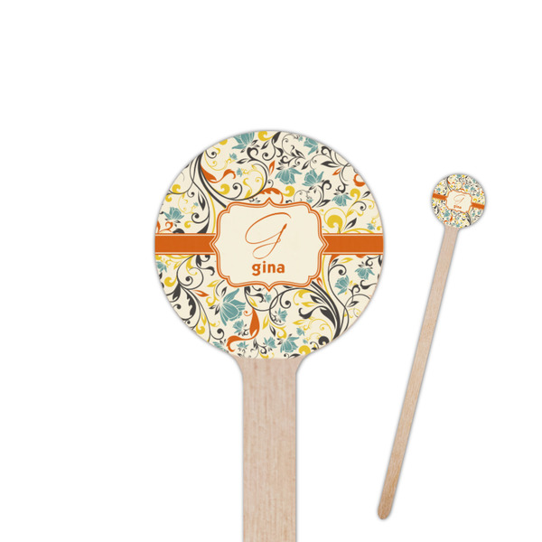 Custom Swirly Floral 7.5" Round Wooden Stir Sticks - Single Sided (Personalized)