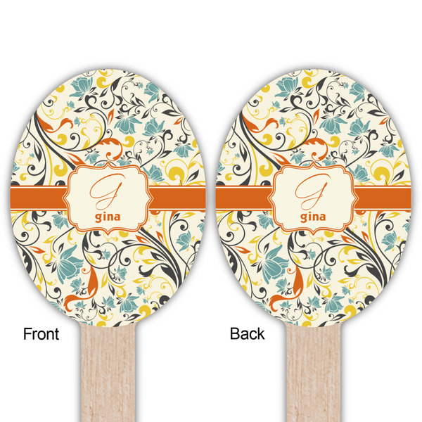 Swirly Floral Wooden Food Pick - Oval - Double Sided - Front & Back