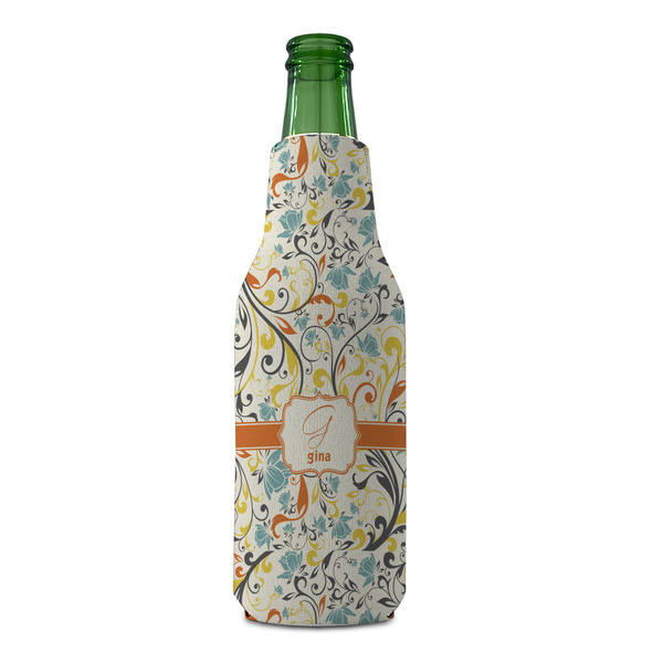 Swirly Floral Zipper Bottle Cooler - FRONT (bottle)