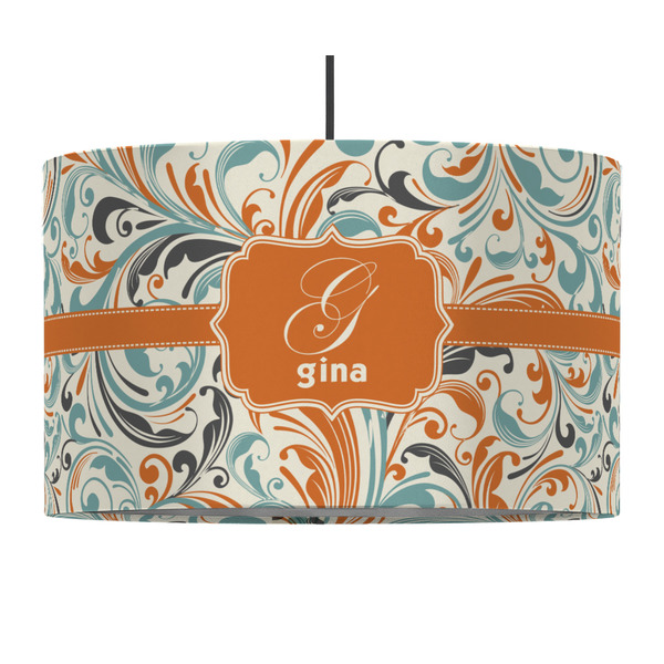 Custom Orange & Blue Leafy Swirls 12" Drum Pendant Lamp - Fabric (Personalized)