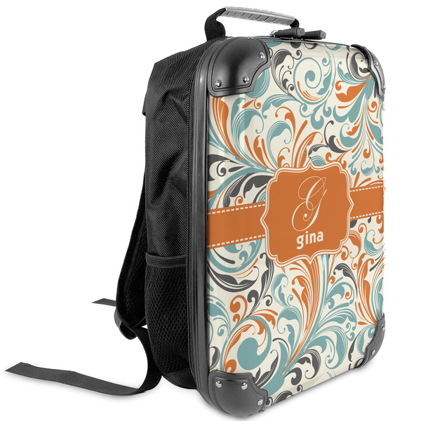 Custom Orange & Blue Leafy Swirls Kids Hard Shell Backpack (Personalized)