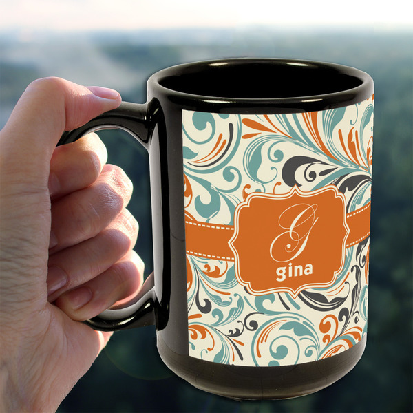 Orange & Blue Leafy Swirls 15oz. Black Mug - LIFESTYLE