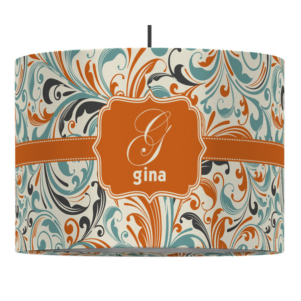 Custom Orange & Blue Leafy Swirls 16" Drum Pendant Lamp - Fabric (Personalized)