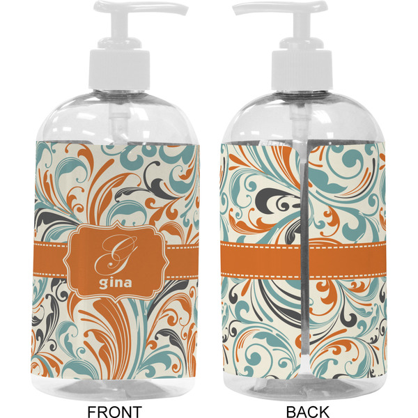 Orange & Blue Leafy Swirls 16 oz Plastic Liquid Dispenser- Approval- White