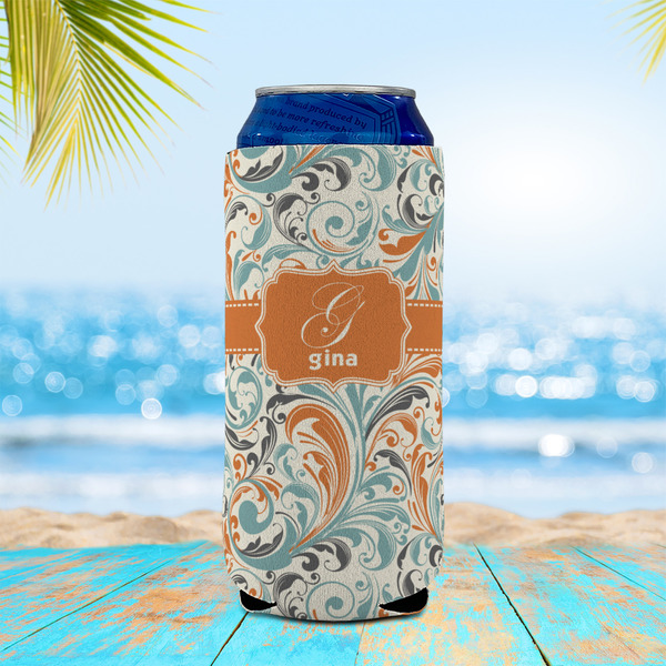 Orange & Blue Leafy Swirls 16oz Can Sleeve - LIFESTYLE