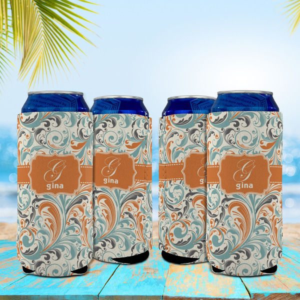 Orange & Blue Leafy Swirls 16oz Can Sleeve - Set of 4 - LIFESTYLE