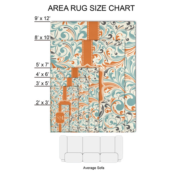Orange & Blue Leafy Swirls 2'x3' Indoor Area Rugs - Size Chart