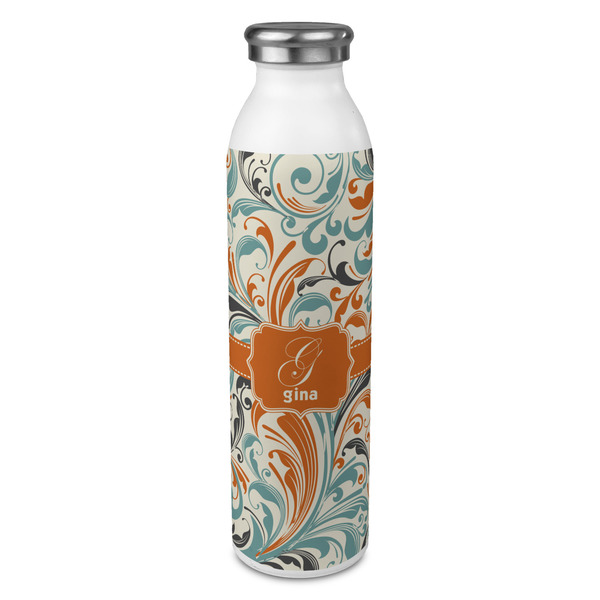 Custom Orange & Blue Leafy Swirls 20oz Stainless Steel Water Bottle - Full Print (Personalized)
