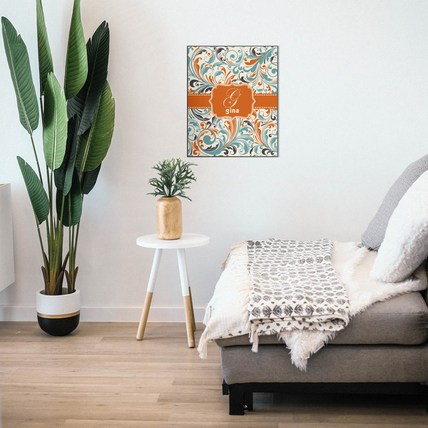 Orange & Blue Leafy Swirls 20x24 Wood Print - In Context