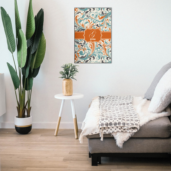 Orange & Blue Leafy Swirls 20x30 Wood Print - In Context