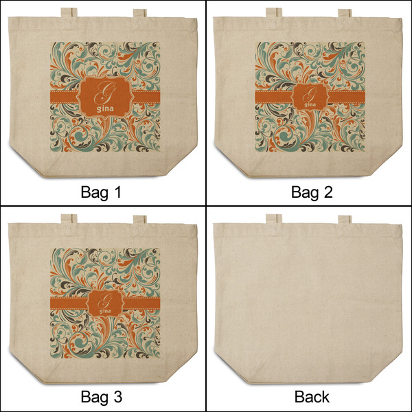 Orange & Blue Leafy Swirls 3 Reusable Cotton Grocery Bags - Front & Back View