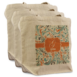 Orange & Blue Leafy Swirls Reusable Cotton Grocery Bags - Set of 3 (Personalized)