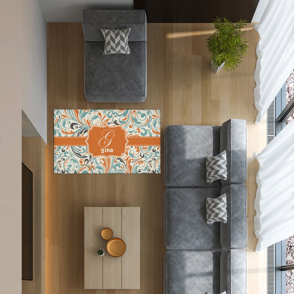 Orange & Blue Leafy Swirls 3'x5' Indoor Area Rugs - IN CONTEXT