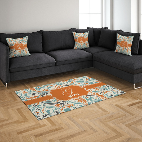 Orange & Blue Leafy Swirls 4'x6' Indoor Area Rugs - IN CONTEXT
