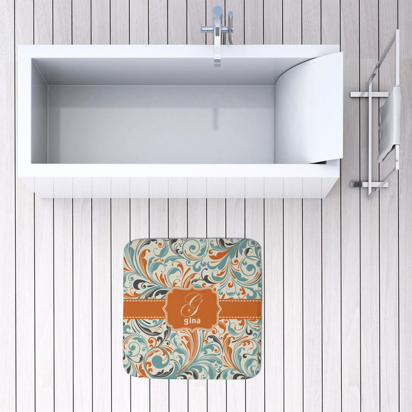 Orange & Blue Leafy Swirls 48x48 Foam Memory Mat - LIFESTYLE