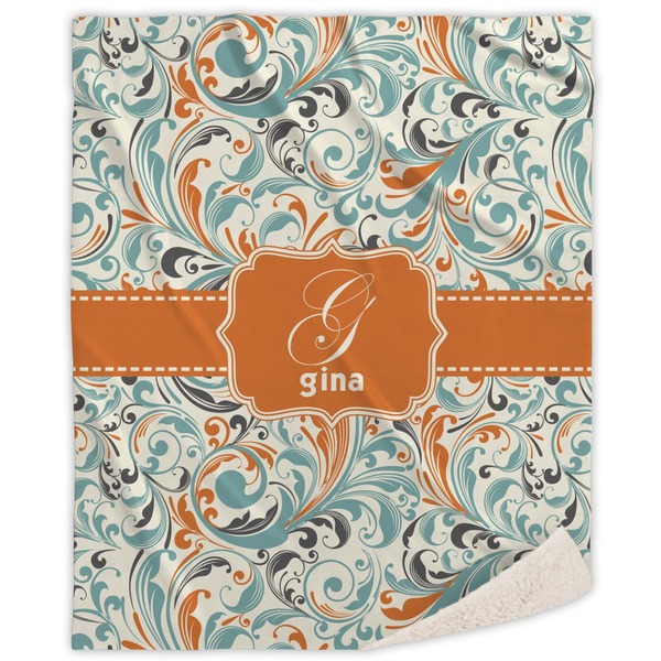 Custom Orange & Blue Leafy Swirls Sherpa Throw Blanket - 60"x80" (Personalized)