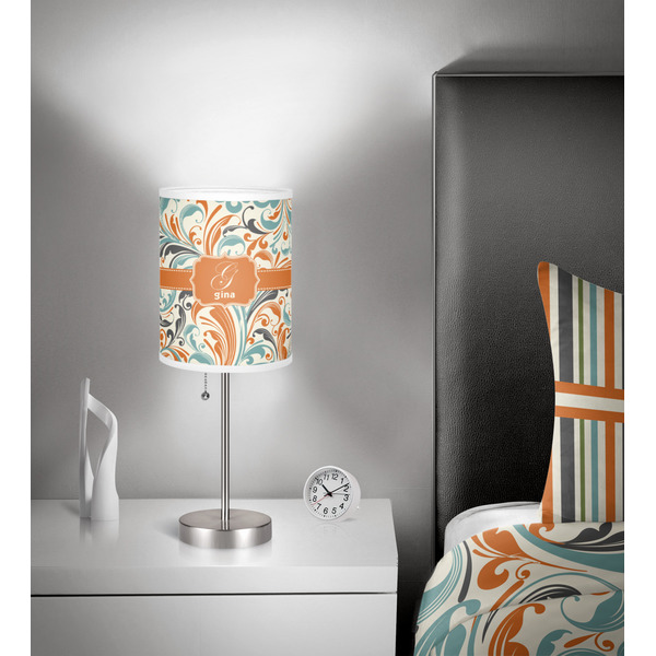 Orange & Blue Leafy Swirls 7 inch drum lamp shade - in room