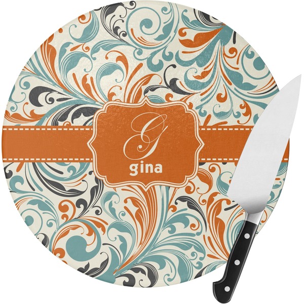 Custom Orange & Blue Leafy Swirls Round Glass Cutting Board - Small (Personalized)