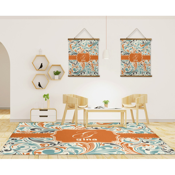 Orange & Blue Leafy Swirls 8'x10' Indoor Area Rugs - IN CONTEXT
