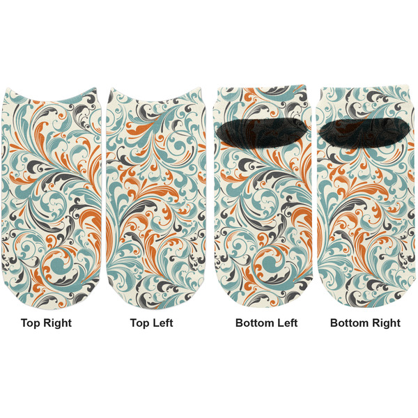 Orange & Blue Leafy Swirls Adult Ankle Socks - Double Pair - Front and Back - Apvl